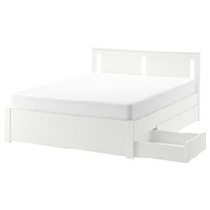 a white bed frame with two drawers on the bottom and one drawer underneath it, in front of a white background