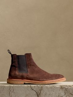 Tanner Suede Boot with Crepe-Sole | Banana Republic Waterproof Boots Men, Mens Suede Fall Boots, Mens Chelsea Boots Outfit, Classic Suede Chelsea Boots With Snip Toe, Suede High-top Chukka Boots With Textured Sole, Suede Slip-on Chukka Boots With Leather Sole, Suade Chelsea Boots, Brown Chukka Boots, Mens Suede Boots