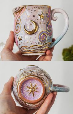 two pictures of a hand holding a coffee cup with stars and moon designs on it