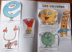 an open children's book with pictures of cartoon characters in french and english language