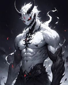 an anime character with horns and fangs on his face