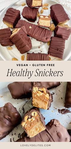 vegan - gluten free healthy snickkers on a white plate with text overlay