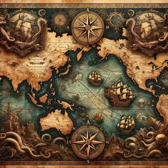 an old world map with ships and compasss on the top, surrounded by octopus tentacles