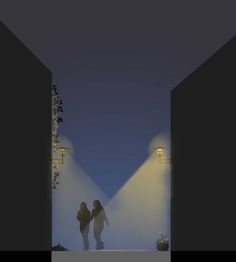 two people standing in an open doorway at night