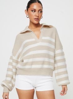 Knit sweater Oversized fit, v-neckline, classic collar, drop shoulder Non-stretch material, unlined  52% acrylic 28% nylon 20% polyester Cold hand wash Sweaters For Skirts, Cute Striped Sweaters, Church Fits Casual, Fall Pullovers, Cute Fall Sweaters, Autumn Styles, Knit Sweater Oversized, Neutral Sweater, Friday Outfit