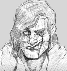 a drawing of a creepy clown with his eyes open and mouth wide open, looking to the side