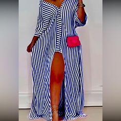 Beautiful Blue And White Stripes, New, Comfortable And Stretchy. Smoke And Free Environment! Blue And White Striped Shirt Dress, Blue Vertical Stripes Dress For Daywear, Casual Striped Dress For Beach Cover-up, Striped V-neck Maxi Dress For Vacation, Chic Striped Beach Cover-up Dress, Xl Dress, Striped Dress, Blue Fashion, White Stripe