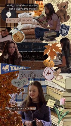 the collage is made up of many different pictures and words, including an image of a woman sitting in front of a pile of books