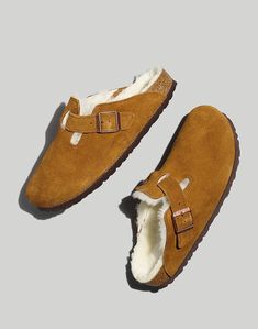 Birkenstock® Suede Boston Clogs in Shearling Birkenstock Suede, Customised Denim Jacket, Boston Clogs, Grandpa Style, European Shoes, Retro Streetwear, Suede Clogs, Suede Mules, Shoe Inspo