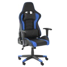 a black and blue office chair with wheels on the back, in front of a white background