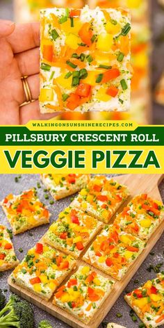 Here's a fun New Year's Eve food idea to make! This Pillsbury Crescent Roll Veggie Pizza recipe features ranch-flavored cream cheese and colorful veggies. All top of flaky crescent roll crust for the best Holiday appetizer. Pin this simple game day recipe! Easy Football Food, Crescent Roll Veggie Pizza, Veggie Pizza Appetizer, Vegetarian Finger Food, Flavored Cream Cheese, Crescent Roll Crust, Veggie Pizza Recipe, Crescent Roll Pizza, Pillsbury Crescent