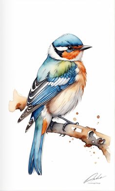 a colorful bird sitting on top of a branch with watercolor paint splotches