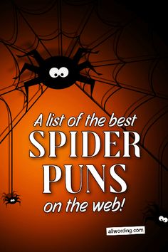 a spider puns on the web in front of an orange background with black and white lettering