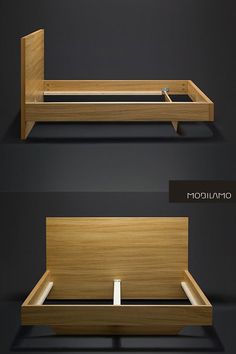 the bed frame is made out of wood and has an open drawer on one side