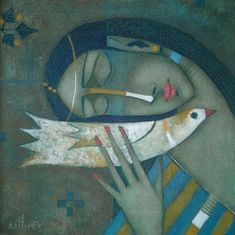 an abstract painting of a woman holding a fish