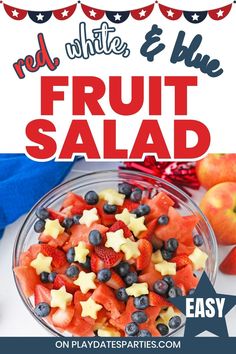 red, white and blue fruit salad with text overlay