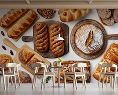 breads and pastries are displayed on the wall