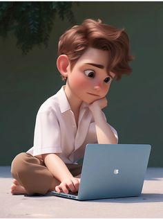 a young boy sitting on the ground with a laptop computer in front of his face