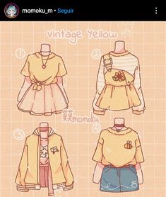 Compas Drawings Vintage, Yellow Harajuku Outfit, How To Draw Anime Clothes, Chibi Outfits Clothes, Cute Outfit Drawing Ideas, Clothes Drawing Outfits, Cute Yellow Outfits, Vintage Clothing Aesthetic, Chibi Clothes