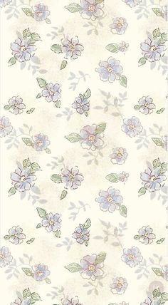 a white wallpaper with blue and pink flowers on it