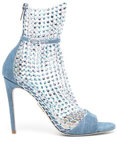 blue calf leather denim mesh chain crystal embellishment ankle-length open toe round toe buckle-fastening ankle strap rear zip fastening high stiletto heel Blue Ankle Boots, Denim Sandals, Black Tweed, Rene Caovilla, Leather Denim, Blue Sandals, Marc Fisher, Crystal Embellishment