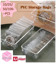 two clear plastic storage bags on top of a table with beads in them and the words pwc storage bags below it