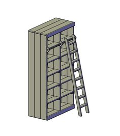 a drawing of a ladder leaning against a bookcase with shelves on each side and bottom