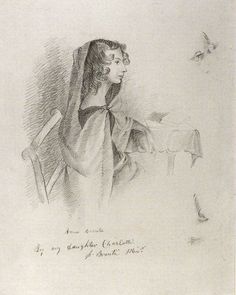 a black and white drawing of a woman sitting in a chair with a bird flying above her