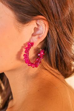 Bloom Hot Pink Hoop Earrings Pink Beaded Hoop Earrings For Party, Small Hoop Earrings For Party With Ear Wire, Trendy Hoop Earrings For Party, Hoop Earrings For Party, Small Hoop Earrings For Party, Single Hoop Wrap Earrings For Party, Small Hoop Crystal Earrings For Party, Summer Festival Pink Hoop Earrings, Hot Pink Hoop Earrings