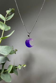 Magical Moon Shaped Sterling Silver Necklace, Magical Moon-shaped Sterling Silver Necklace, Silver Resin Jewelry With Magical Style, Celestial Amethyst Purple Necklace, Celestial Purple Amethyst Necklace, Magical Silver Resin Jewelry, Purple Moon Shaped Spiritual Jewelry, Mystical Resin Necklaces For Gifts, Handmade Purple Moon-shaped Jewelry