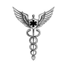 a cadus symbol with wings and a cross on it's side, in black and white