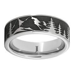 Let your love of the natural world shine with this impeccably detailed Serinium® ring featuring a landscape of mountains and pines. This style is made for everyday wear and ultimate comfort no matter where the adventure takes you. Serinium® is a safe and ultra-hard metal with a bright white finish. It’s hypoallergenic and formed for everyday wearability from the town to the trail. Engraved Wedding Ring, Wedding Band Engraving, Engraved Wedding Rings, Anniversary Wedding Band, Engraved Wedding, Black Hills Gold, Hard Metal, Jewelry Essentials, Pine Forest