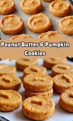 peanut butter and pumpkin cookies on a baking sheet with the words, peanut butter and pumpkin cookies