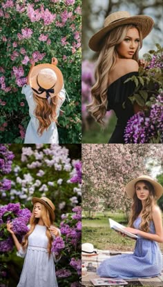 four different pictures of women in hats and dresses with flowers behind them, one is holding a book