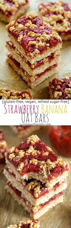 strawberry banana oat bars are stacked on top of each other and ready to be eaten