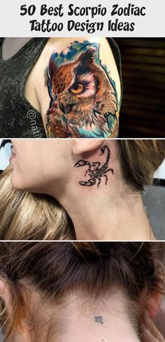 three different tattoos on the neck and back of a woman's head, one with an owl