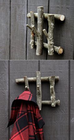 two pictures of a coat rack made out of branches and logs, one with a jacket hanging on it