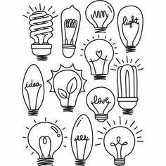 light bulbs with the word love written on them in black and white, surrounded by doodles