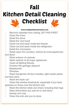 the fall kitchen cleaning checklist is shown in orange and white with leaves on it