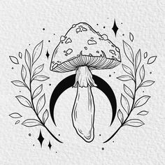 a black and white drawing of a mushroom with leaves around it, surrounded by stars