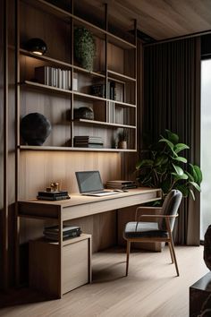 a desk with a laptop on it in front of a window next to a plant