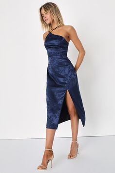 Desirable Dream Navy Blue Satin Jacquard Halter Neck Midi Dress Navy Blue Satin Dress, Halter Neck Midi Dress, Blue Satin Dress, Blue Halter Dress, Winter Wedding Guest Dress, Navy Blue Midi Dress, Fall Wedding Guest Dress, Blue Cocktail Dress, Ladies Clothing