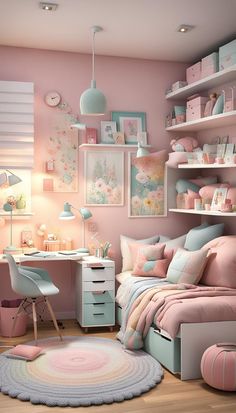 a bedroom with pink walls and pastel colors is pictured in this image, there are shelves on either side of the bed