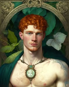 a painting of a man with red hair and blue eyes wearing a green leaf necklace