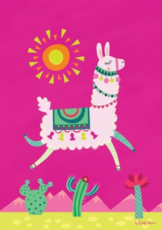 an illustration of a llama in the desert with cactuses and sun above it