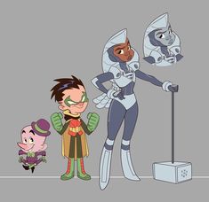 an animated cartoon character standing next to two other characters and one is holding a microphone