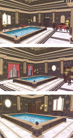 three different views of an indoor swimming pool