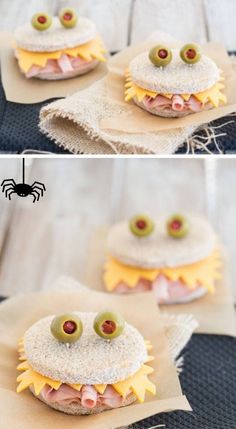 two pictures of sandwiches with eyes on them