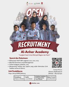 the flyer for an open job event with people in blue uniforms and red ribbon around them