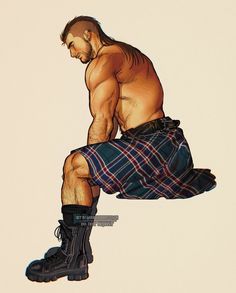 a drawing of a man sitting on the ground with his legs crossed and wearing plaid shorts